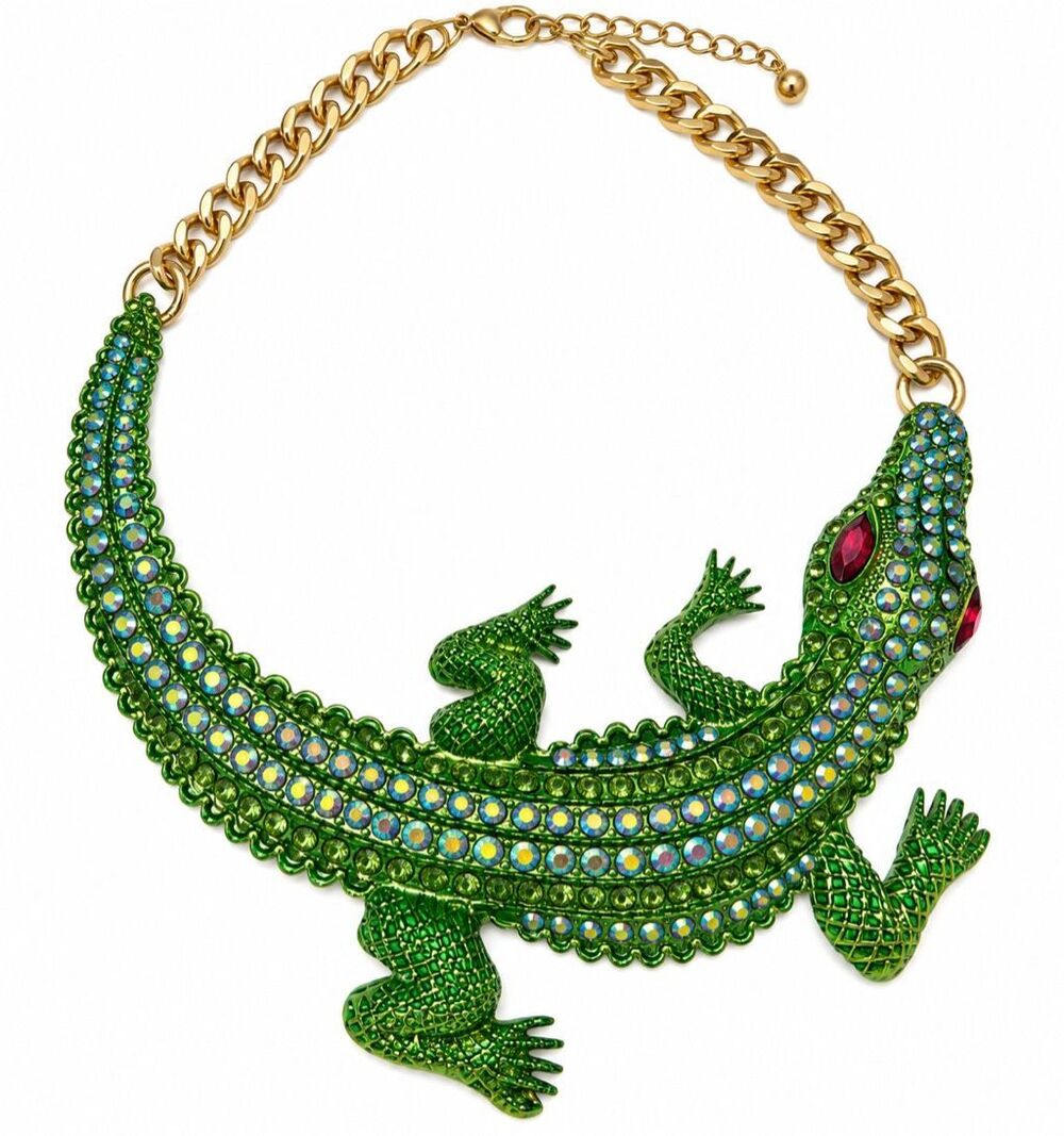 Goldtone Green Rhinestone Alligator Crocodile Scoop Statement Necklace
